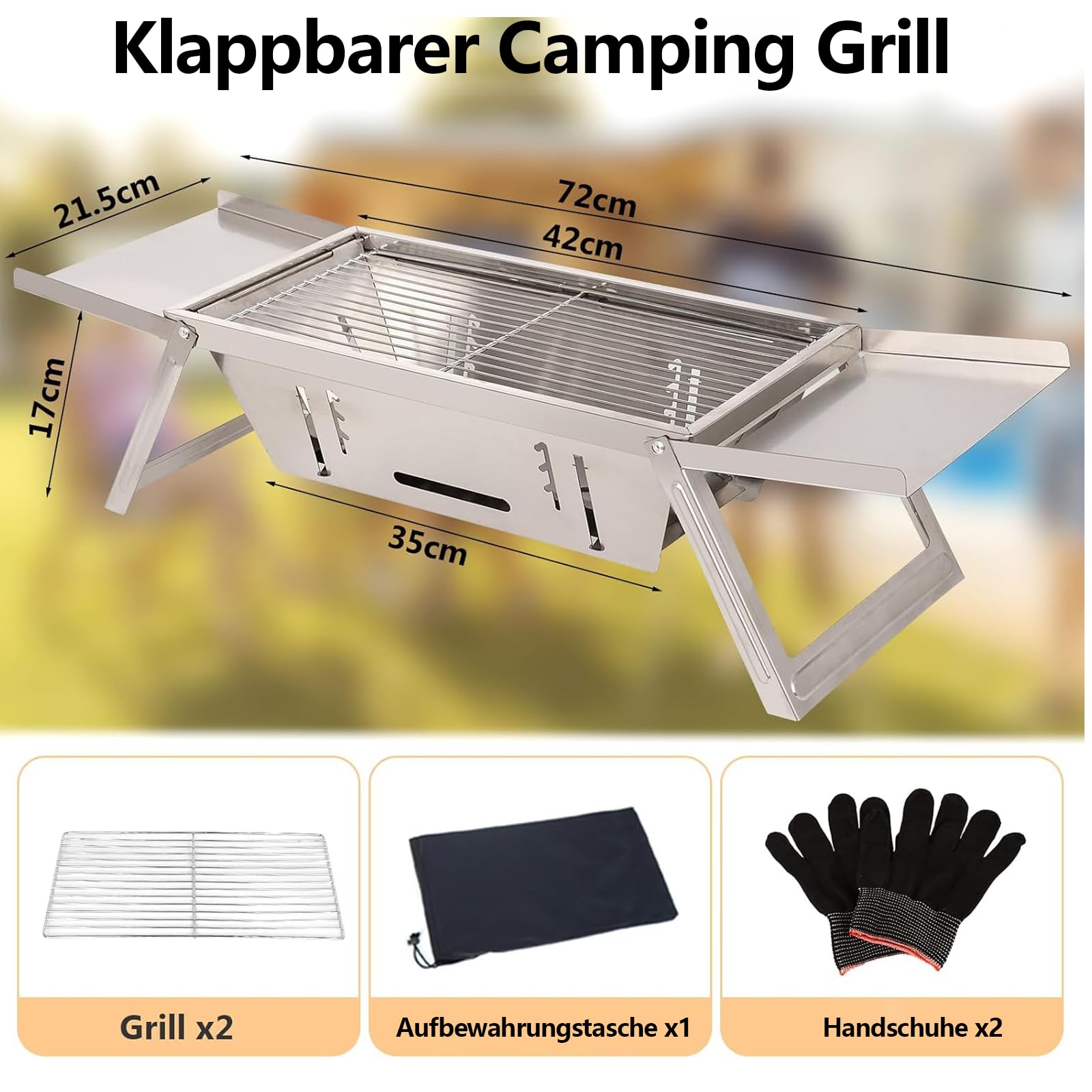 Barbecue au charbon de bois, portable, pliable, en acier inoxydable, mini barbecue réglable pour l'extérieur, le camping, la terrasse, le barbecue, les fêtes - Argenté (17,13" x 8,86" x 1,57")