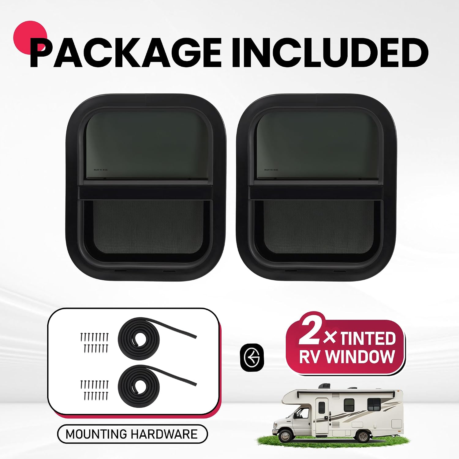 Wutist 2 Pack 14" W x 16" H RV Window Teardrop Vertical Slide RV Window Replacement W/Net Screen, Trim Ring For Cargo Travel Trailer, Camper, Cargo Van