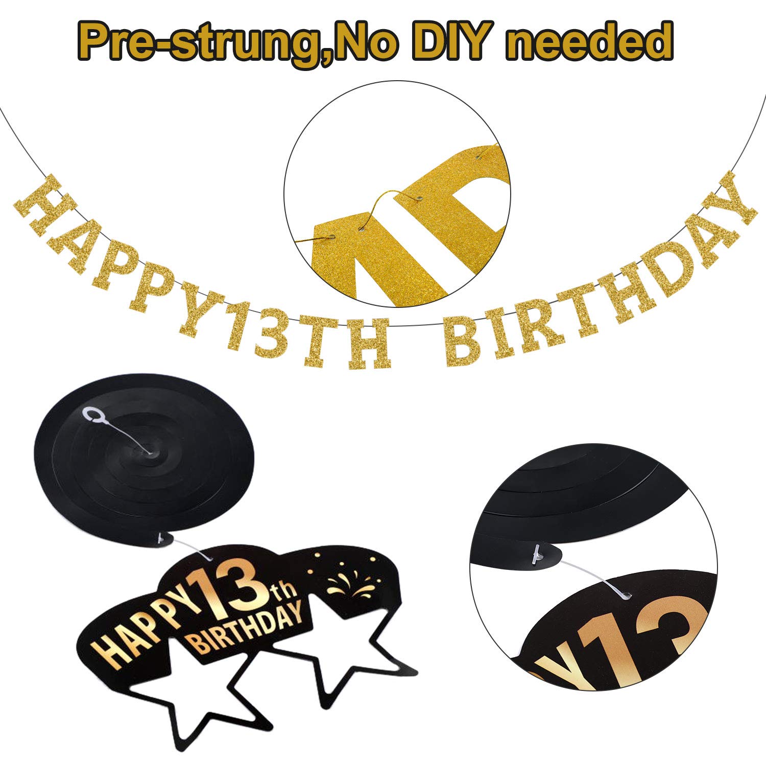 Teenager 13th Birthday Banner - Black Glitter, Pre-Strung, No DIY Required, 9.8 Feet Long