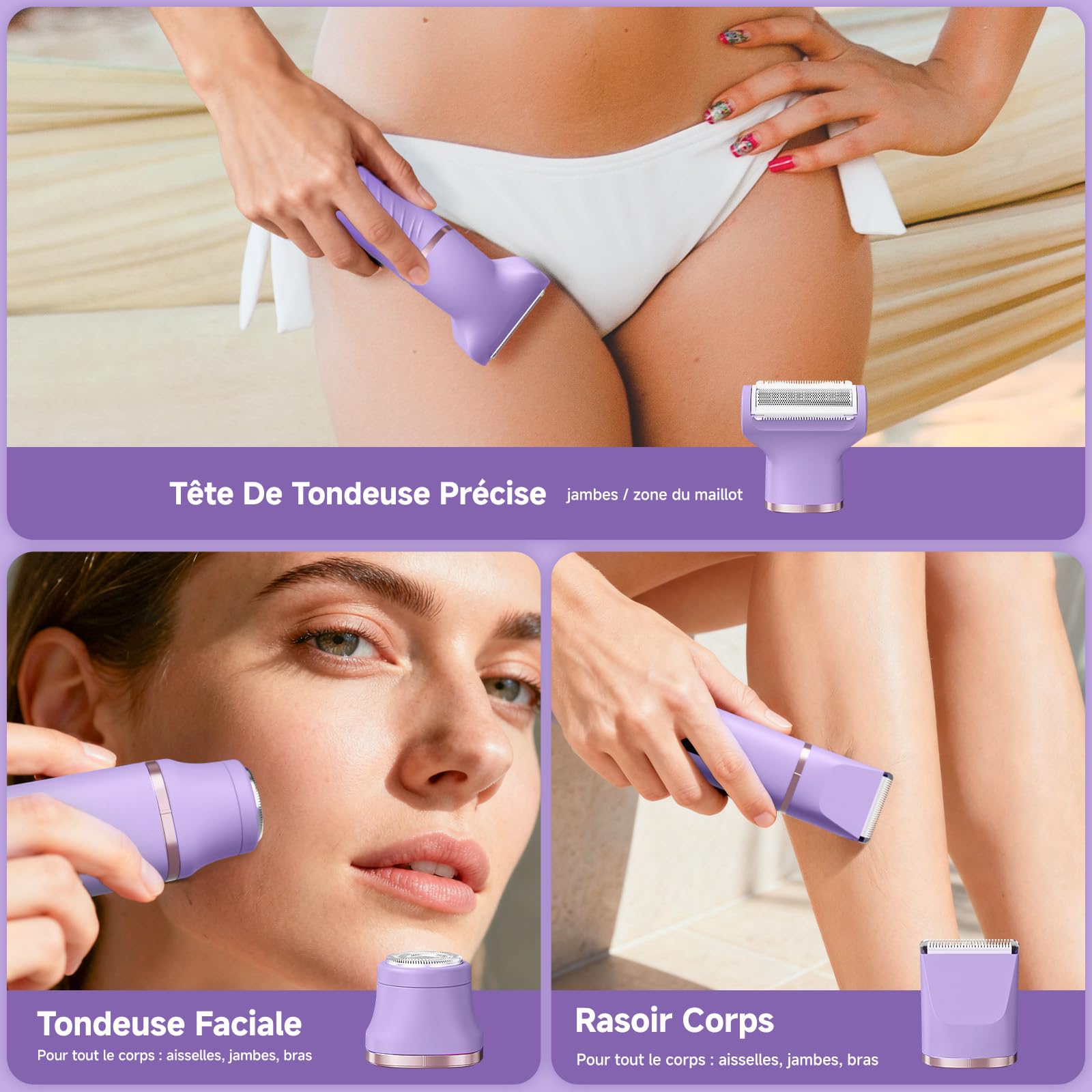Tondeuse Femme Intime Maillot, Rasoir Électrique Femme 3-en-1, Rasoir Femme sans Douleur, Épilateur Visage et Corps Étanche avec Écran LCD pour Jambes, Bras, Aisselles