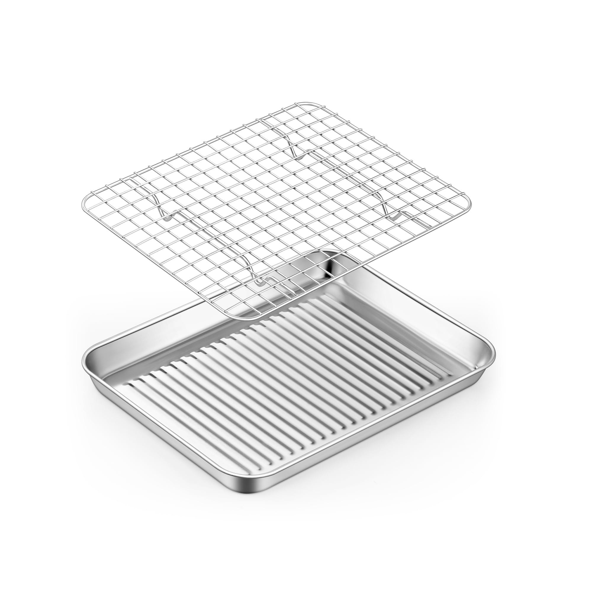 teamfar toaster oven pan with cooling rack stainless steel mini baking tray for compact toaster oven 9 inch corrugated bottom amp grid mesh healthy amp heavy-duty 1 pan  1 rack