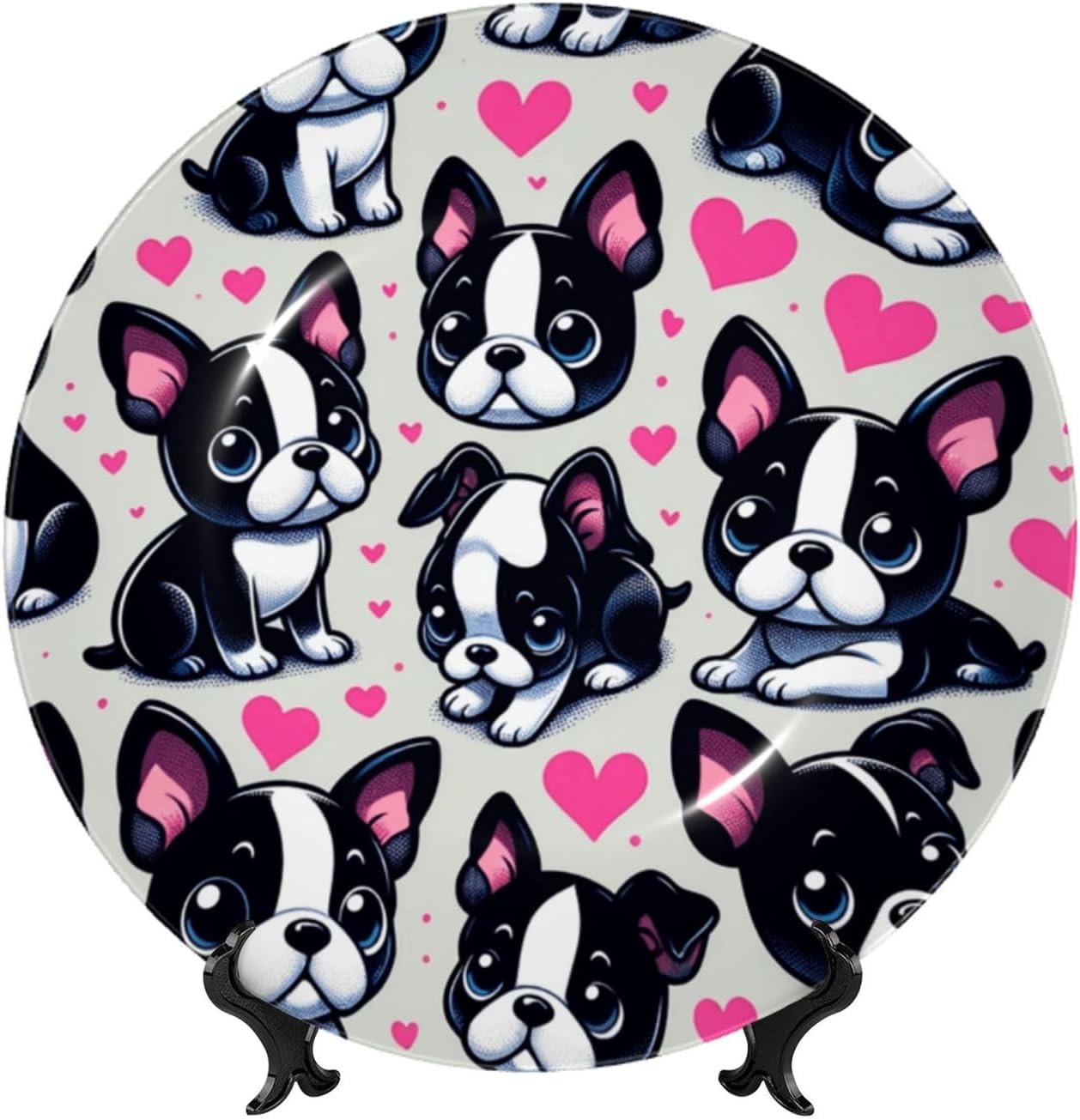 Puppy-Boston-Terrier-Heart 10 Inch Decorative Plate With Stand, Elegant Display Wall Plate For Home Decor