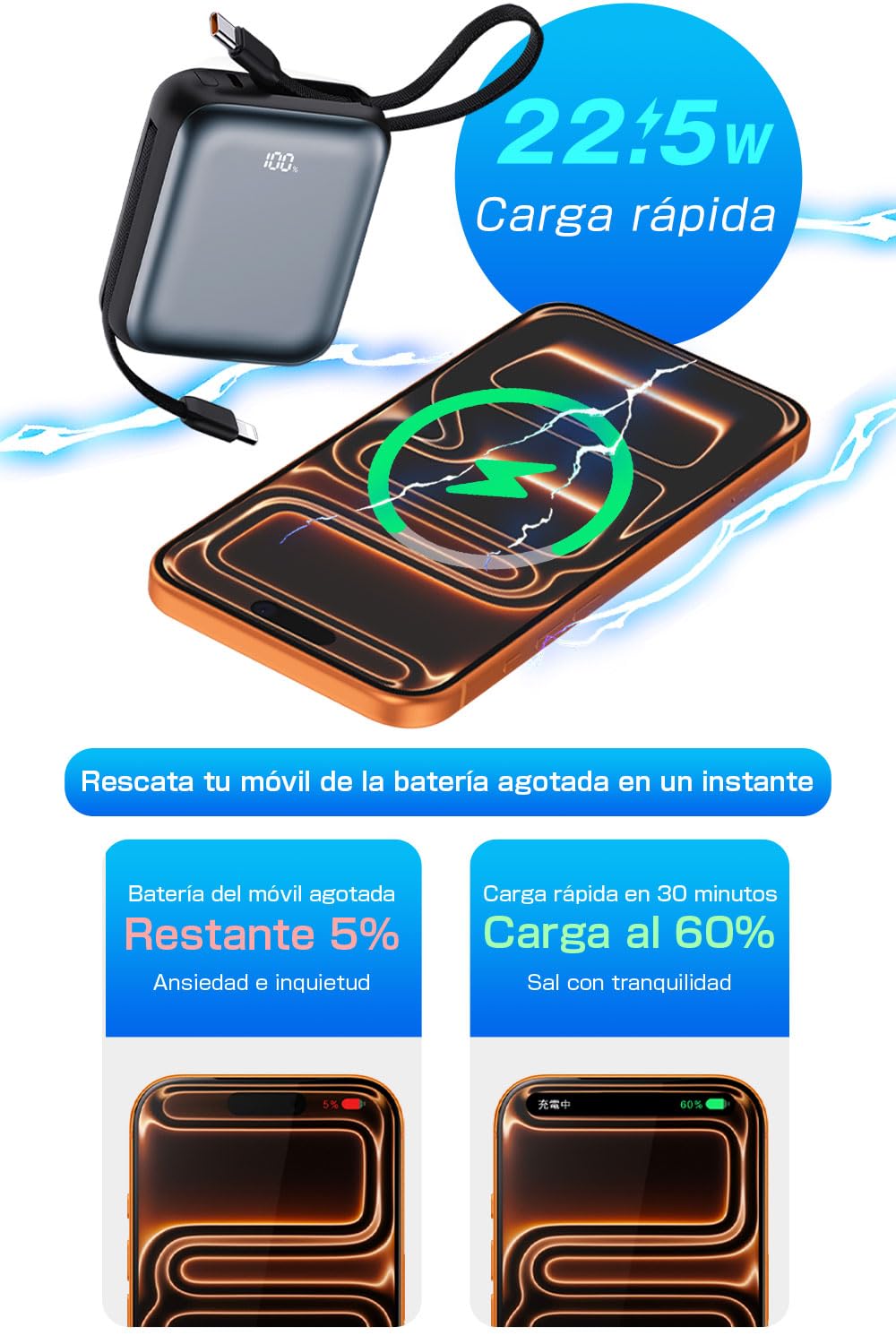 Batería Externa 12000mAh con Cables Integrados， Sin Necesidad de Cable， Carga Rápida PD 22.5W， 3 Dispositivos a la Vez， Compacta con Pantalla Digital（Gris）