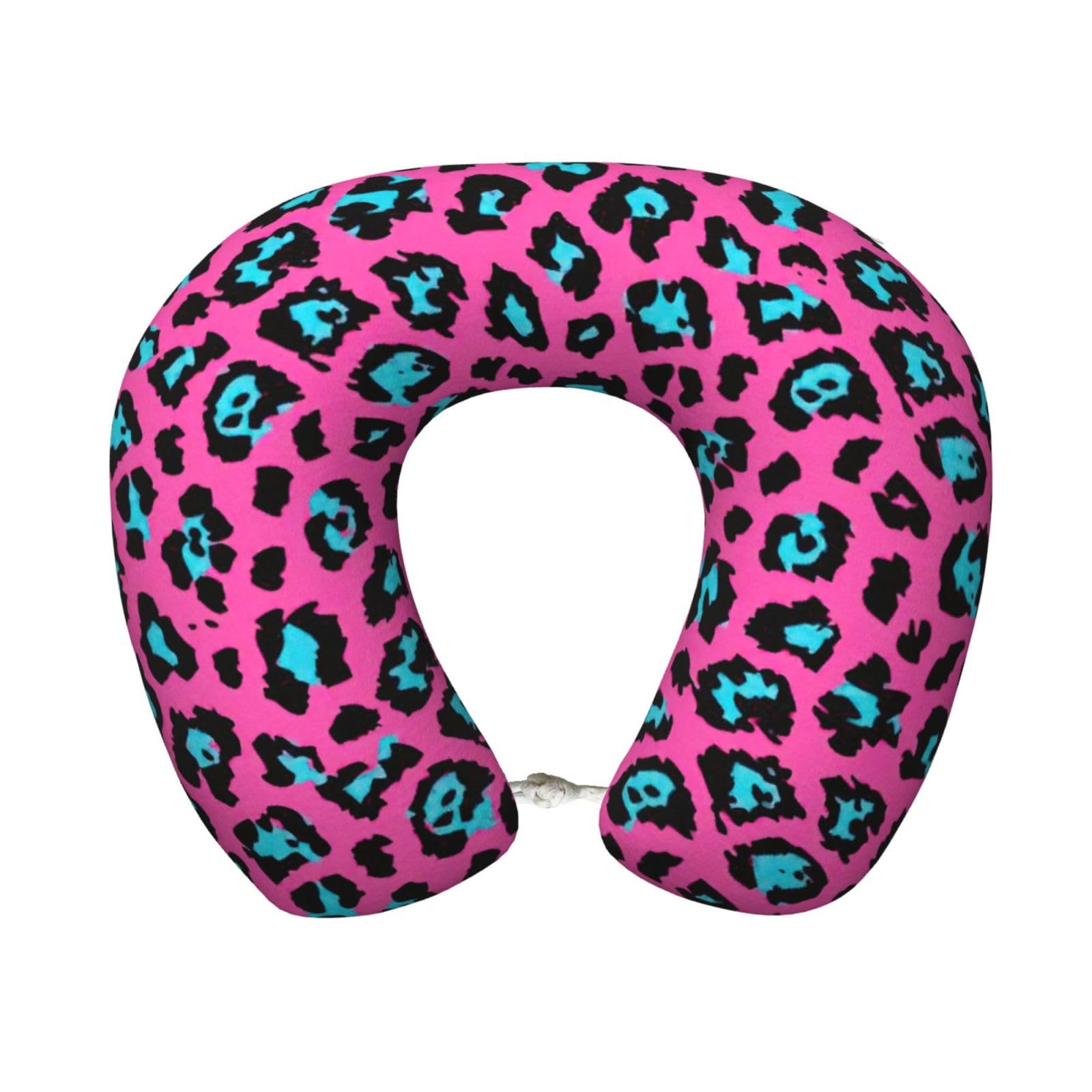 ASFgda U-Shape Memory Foam Cute Turquoise Leopard Print Travel Pillow,Neck Support,Washable Cover For Airplane Car Home Office