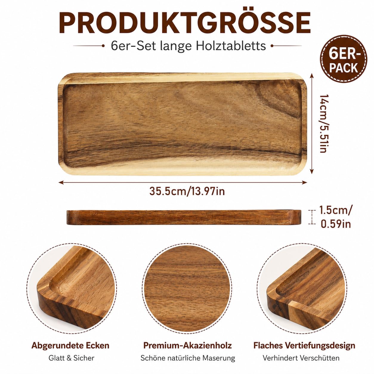 6 Stück Servierplatten aus Akazienholz, Rechteckige Holztabletts 35,5 x 14 x 1,5 cm, Holz Servierbrett für Käse, Snacks, Vorspeisen, Obst, Dessert, Charcuterie, Küche, Café und Party