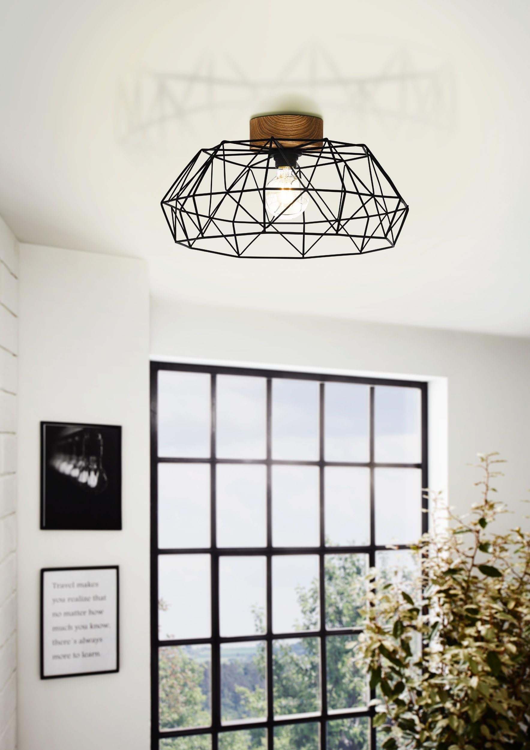 Eglo Padstow Lámpara de techo, vintage, industrial, retro, foco de techo | de acero y madera, lámpara de salón en negro, natural, lámpara de cocina, techo, pasillo, E27, certificado FSC