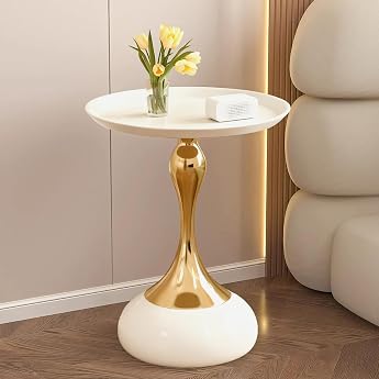 TWSOUL Round Side Table Round Coffee Table Small Metal Side Table Bedside Table Garden Round Table for Bedroom Living Room Balcony Office Small Room 40 x 55 cm Cream White