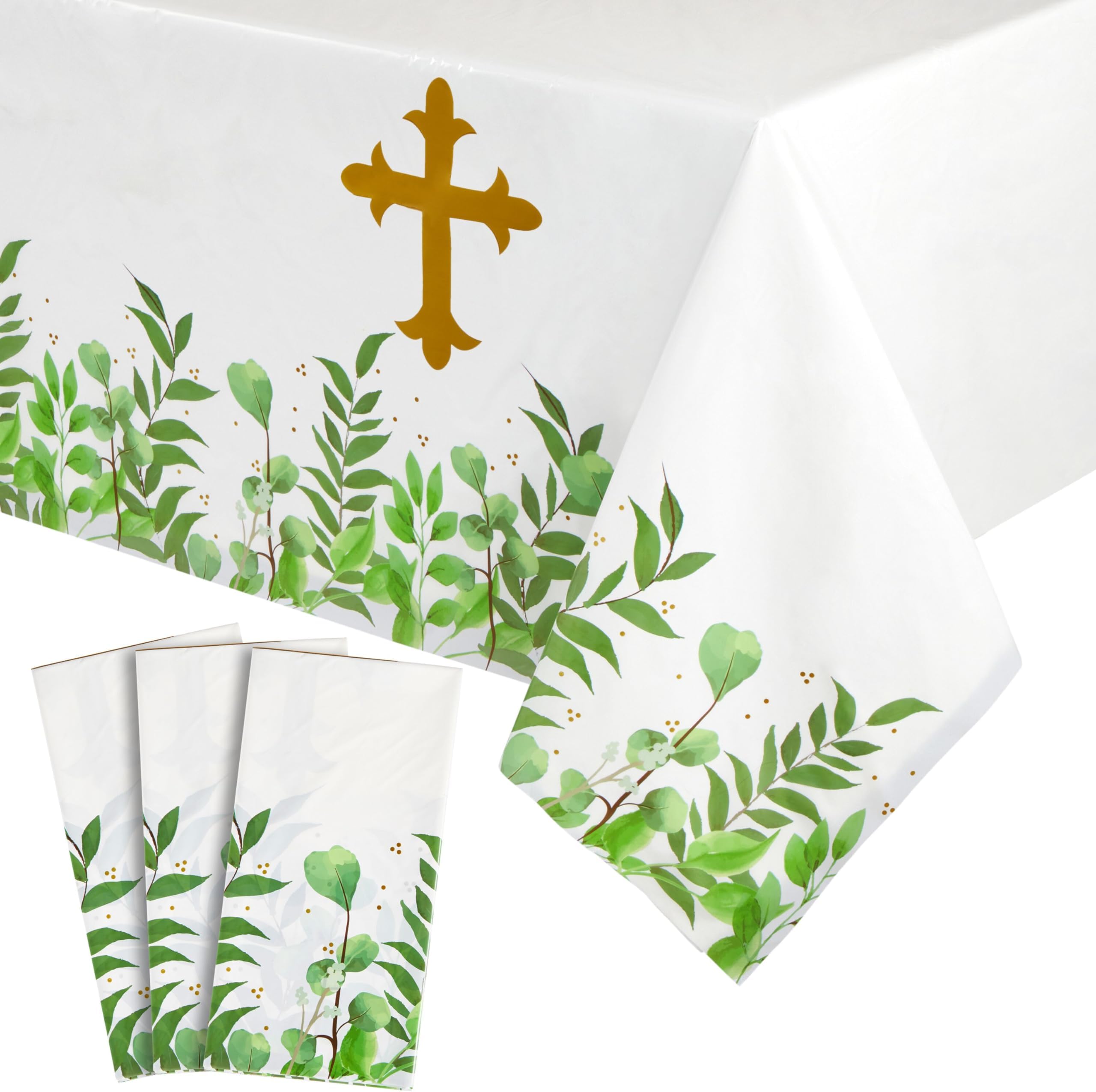 Baptism Tablecloths - 3-Pack, 54 x 108 in, Gold Plastic - Disposable Religious Table Decor for Baptism, First Communion & Confirmation
