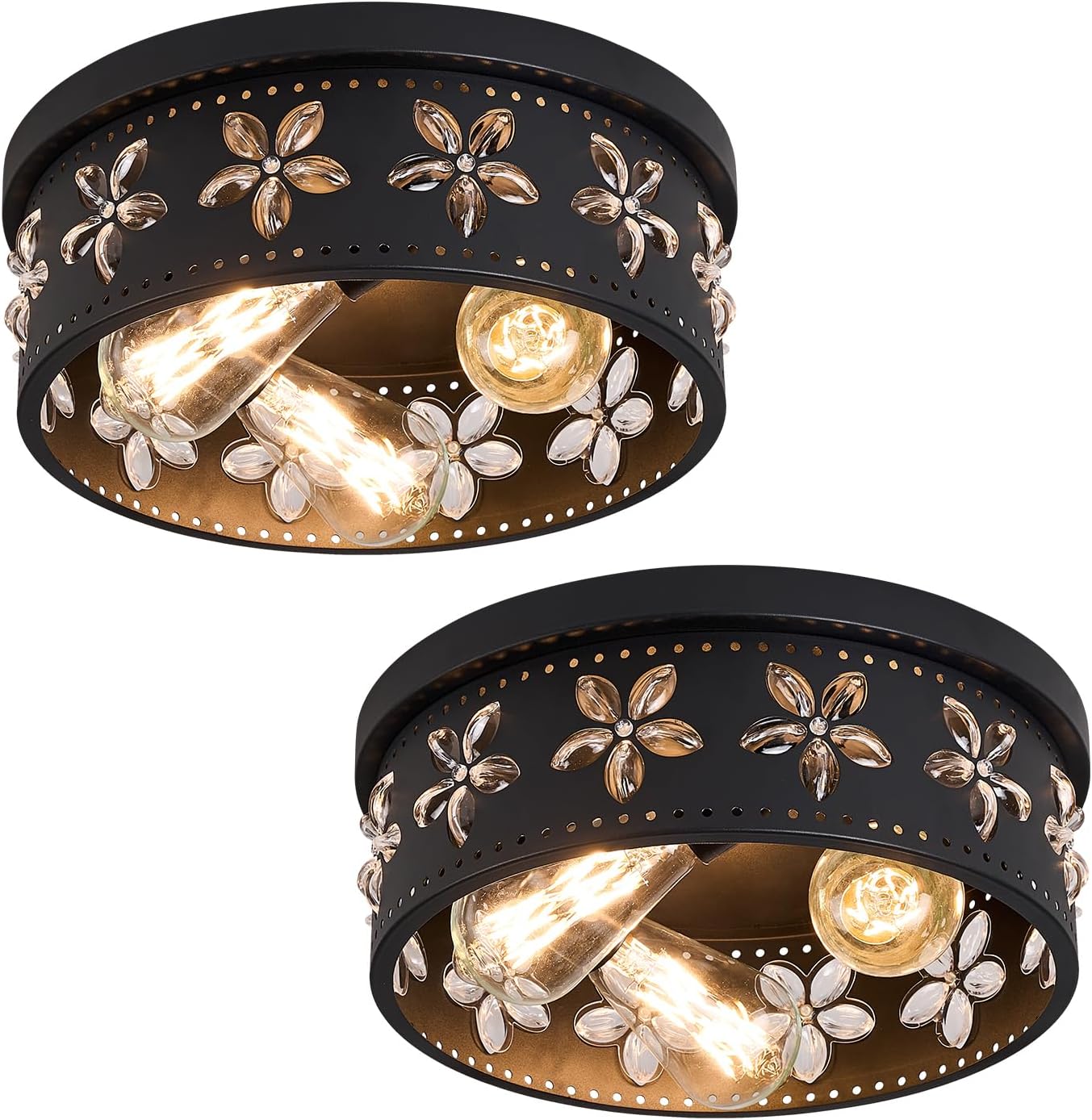 10.6 inch Black Flush Mount Ceiling Light Fixtures, 2-Light Ceiling Mount for Industrial, Crystal Light Fixtures for Farmhouse, Bedroom, Living Room, Kitchen, Hallway and Foyer (2 Pack)