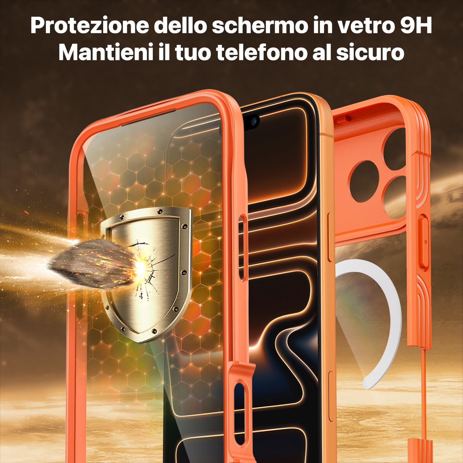 CENHUFO Magnetica Cover iPhone 17 Pro Max, Compatibile con Magsafe Integrata 9H Vetro Temperato Schermo e Protezione Fotocamera, Custodia Antiurto 360 Gradi Fronte Retro Doppia Faccia Case -Arancione