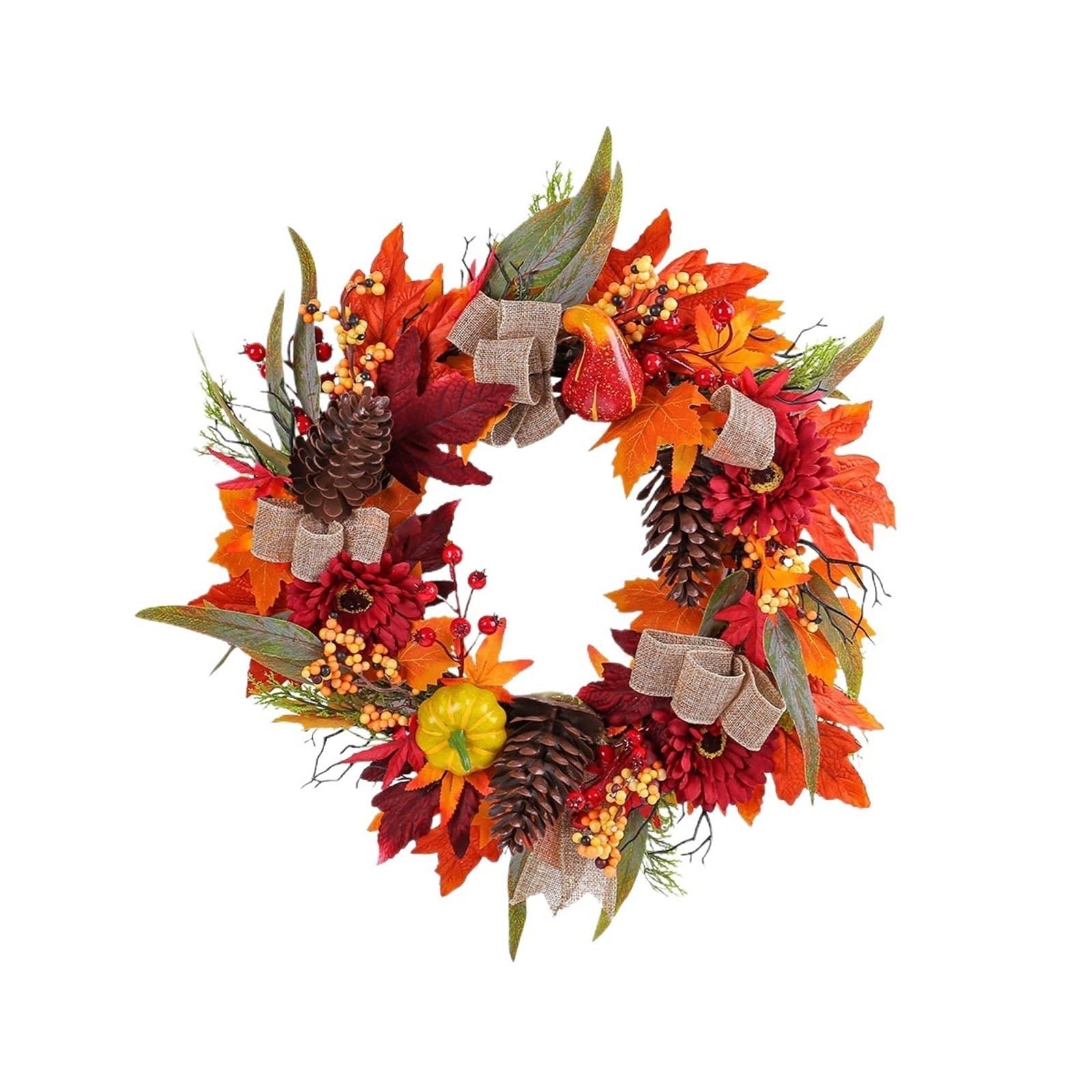 Door Wreath Fall Wreaths For Front Door Outside Pinecone Pumpkin With Maple Leaves Home Thanksgiving Decoration(D-45cm)