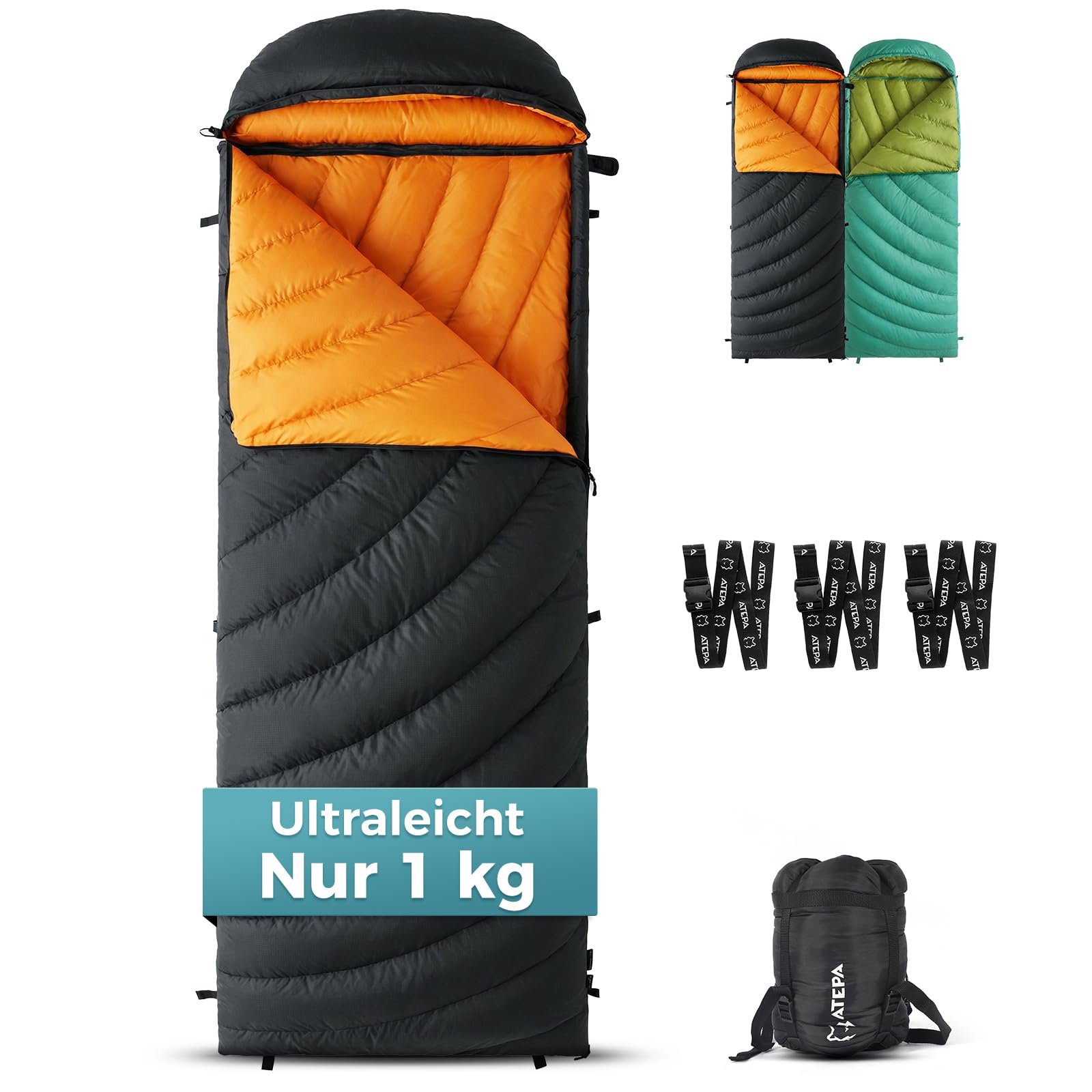 ATEPA Ultraleichter Daunenschlafsack 650/700FP, 3-Jahreszeiten (12°C / 6°C / -1°C), Leicht & Kompakt, Wasserabweisend, Ideal für Camping, Wandern, Trekking & Rucksackreisen, Mit Kompressionssack