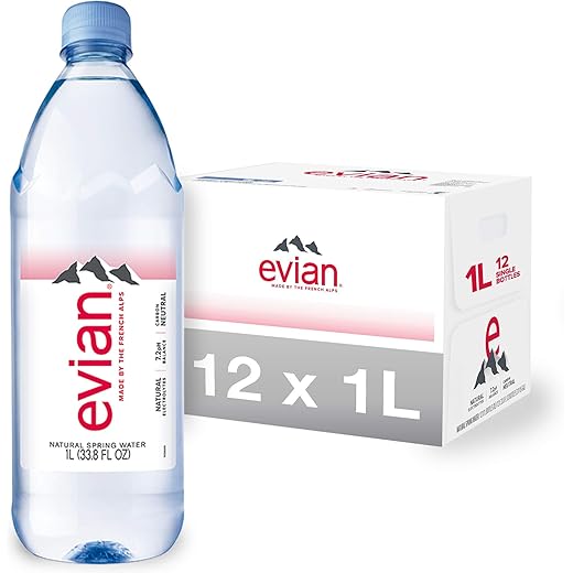 Evian Natural Spring Water, Naturally Filtered Spring Water in Large Bottles, (1 Litre x 12 Units)