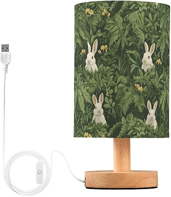 Table Lamp Rabbit Green Pattern Bedside Nightstand Lamps Fabric Shade Desk Lamp with Wood Base for Bedroom, Living Room, Office