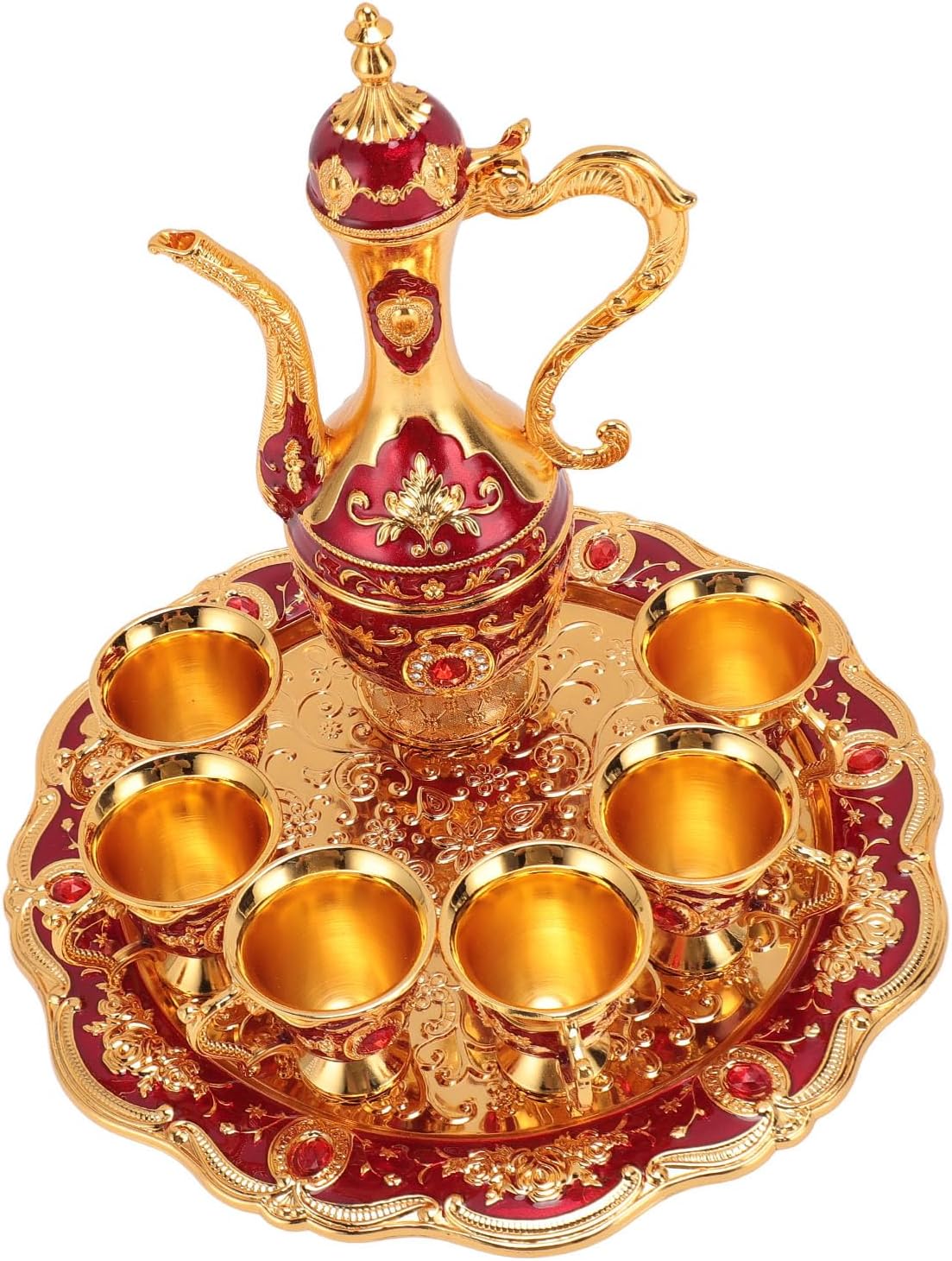 Vintage Coffee Pot Set, European Wine Pot Kit with 6 Cups, Zinc Alloy Teapot Tea Service Set for Wedding Birthday Gift, Elegant Metal Beverage Server for Coffee Tea Wine (Gold Red)