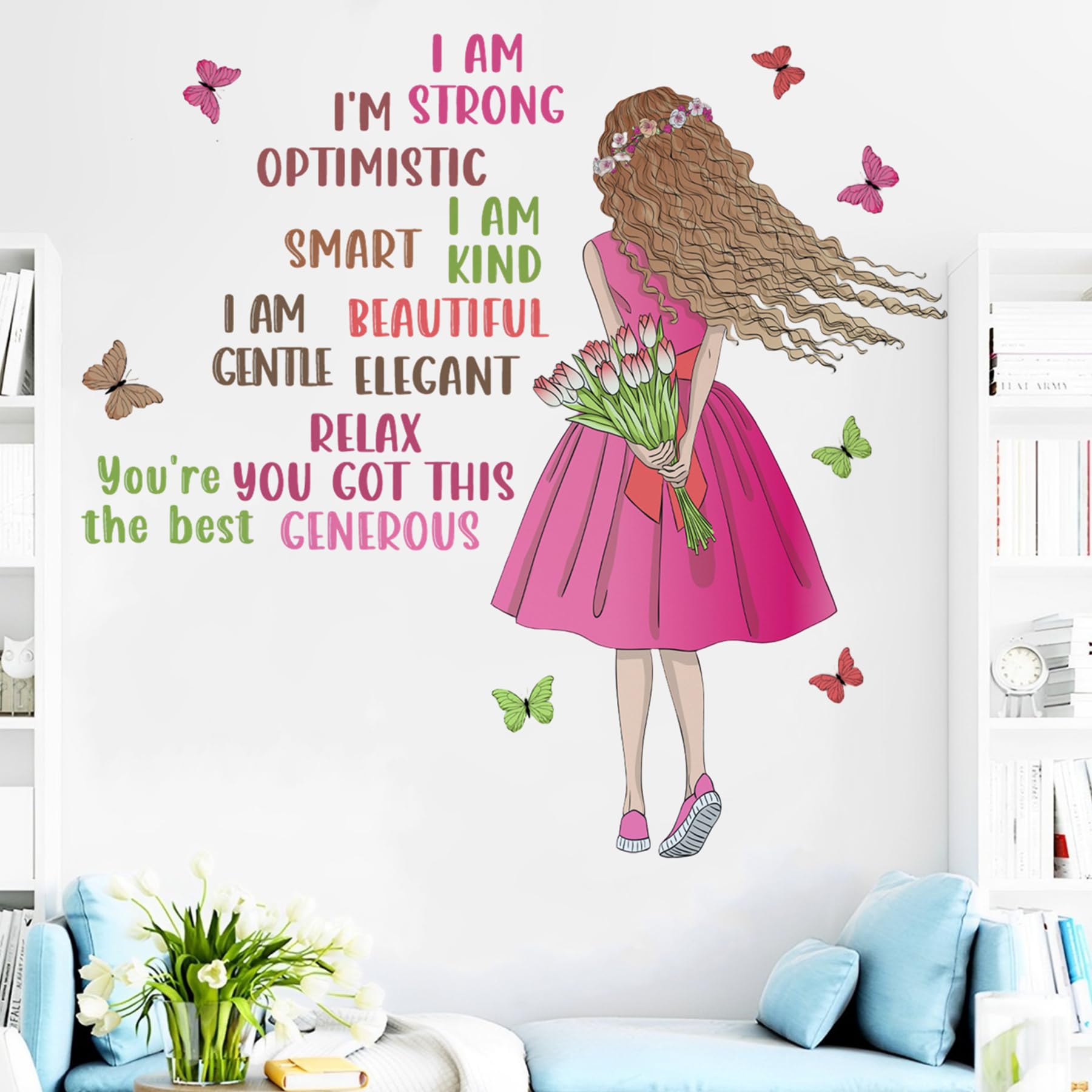 Inspirational Girl Wall Stickers for Girls Bedroom Positive Affirmation Wall Decals with Pink Girl & Butterflies - Image 2