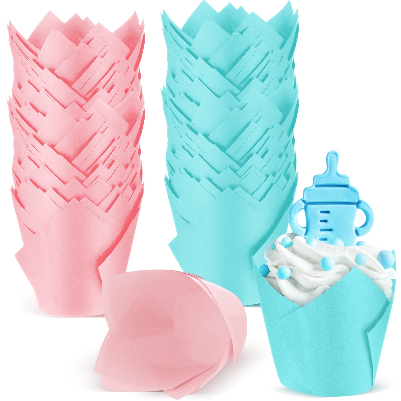 200 Pcs Tulip Cupcake Liner for Baking Pink and Blue Tulip Baking Cups Greaseproof Paper Cupcake Wrappers Baby Shower Muffin Liner for Team Girl Boy