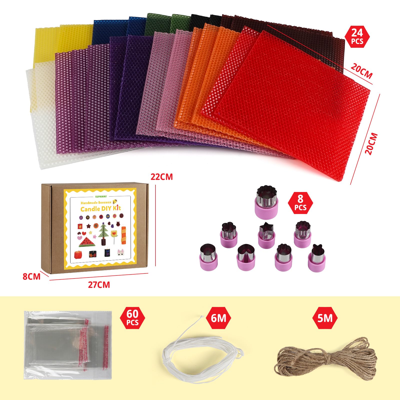 Supaway 24x Farbenfrohe Wachsplatten für Kerzen 20x20cm DIY Kerzenmach-Set