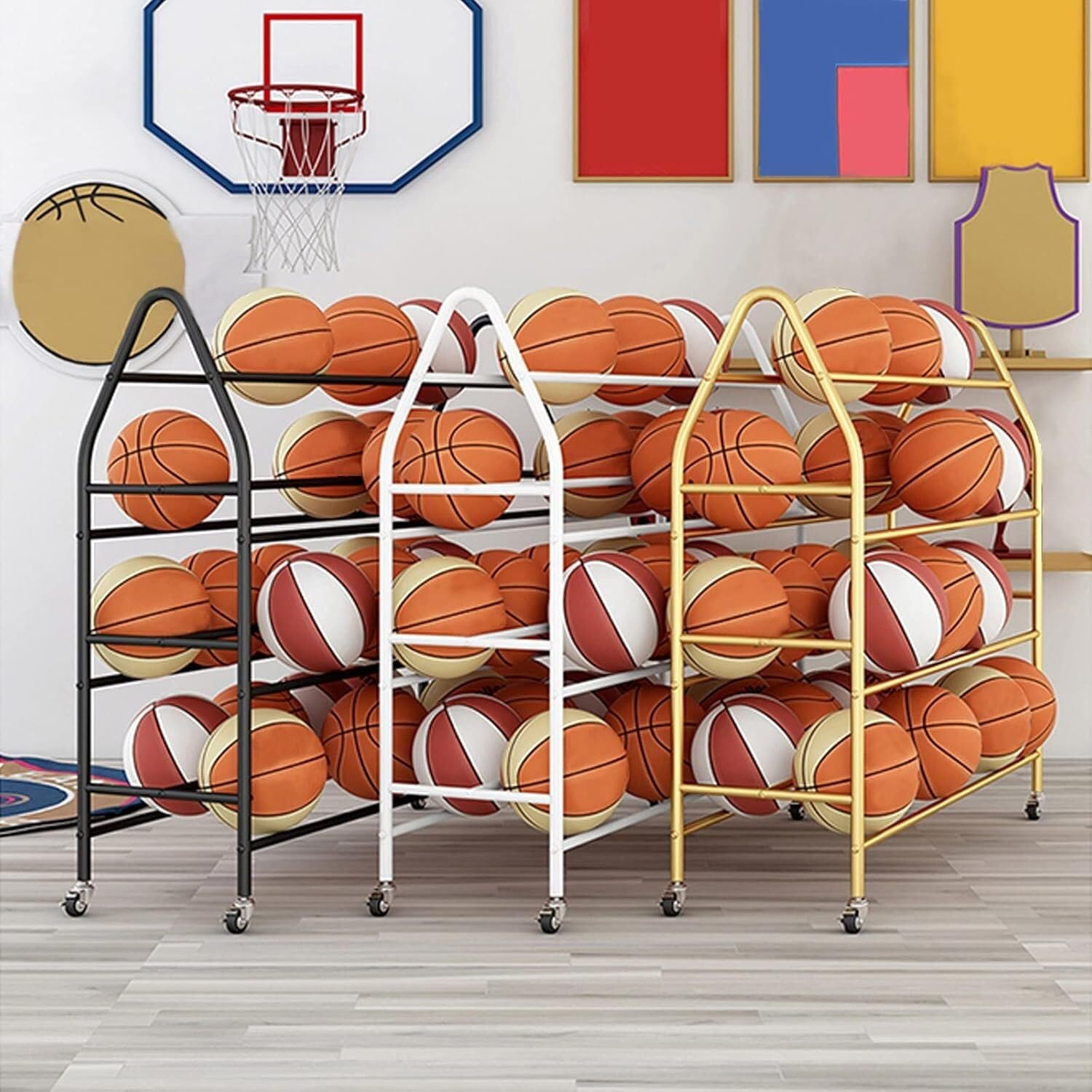 4-poziomowy stalowy stojak na piłki z kółkami – przechowywanie sprzętu sportowego do koszykówki, piłki nożnej i nie tylko, regulowana wysokość (82 cm) stojak na bramkę