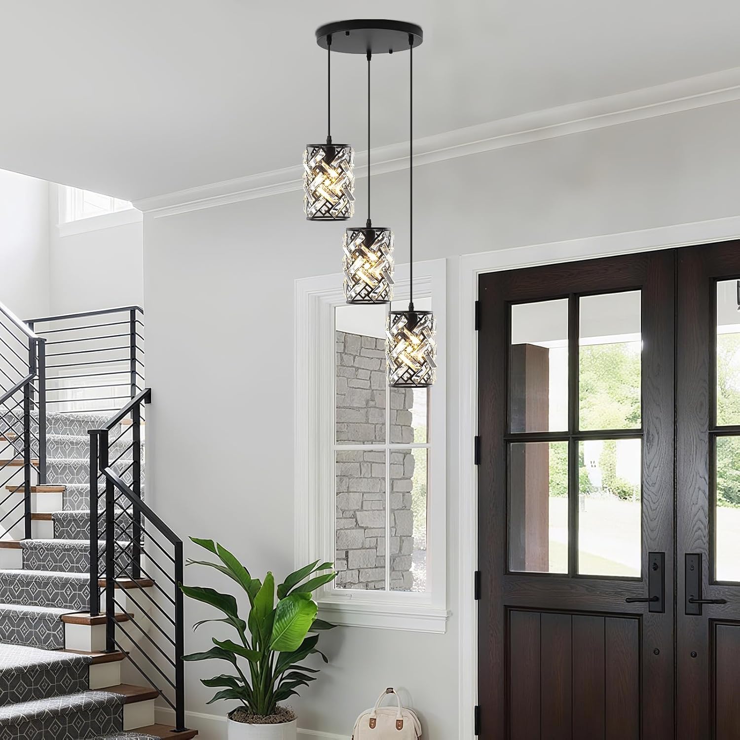 Pendant Lights Kitchen Island, Black Crystal Chandelier Pendant Lighting 3 Light, Adjustable Modern Kitchen Island Lights Ceiling Hanging Cluster Pendant Light Fixture for Dining Room Entryway Foyer
