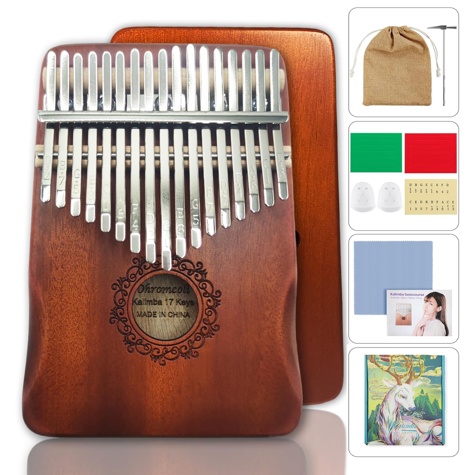 Kalimba - 17 Keys Instrument Mit Lernwerkzeuge, Finger Percussion, Professionelles Daumenklavier für Kinder, Erwachsene und Musikliebhaber (Braun)