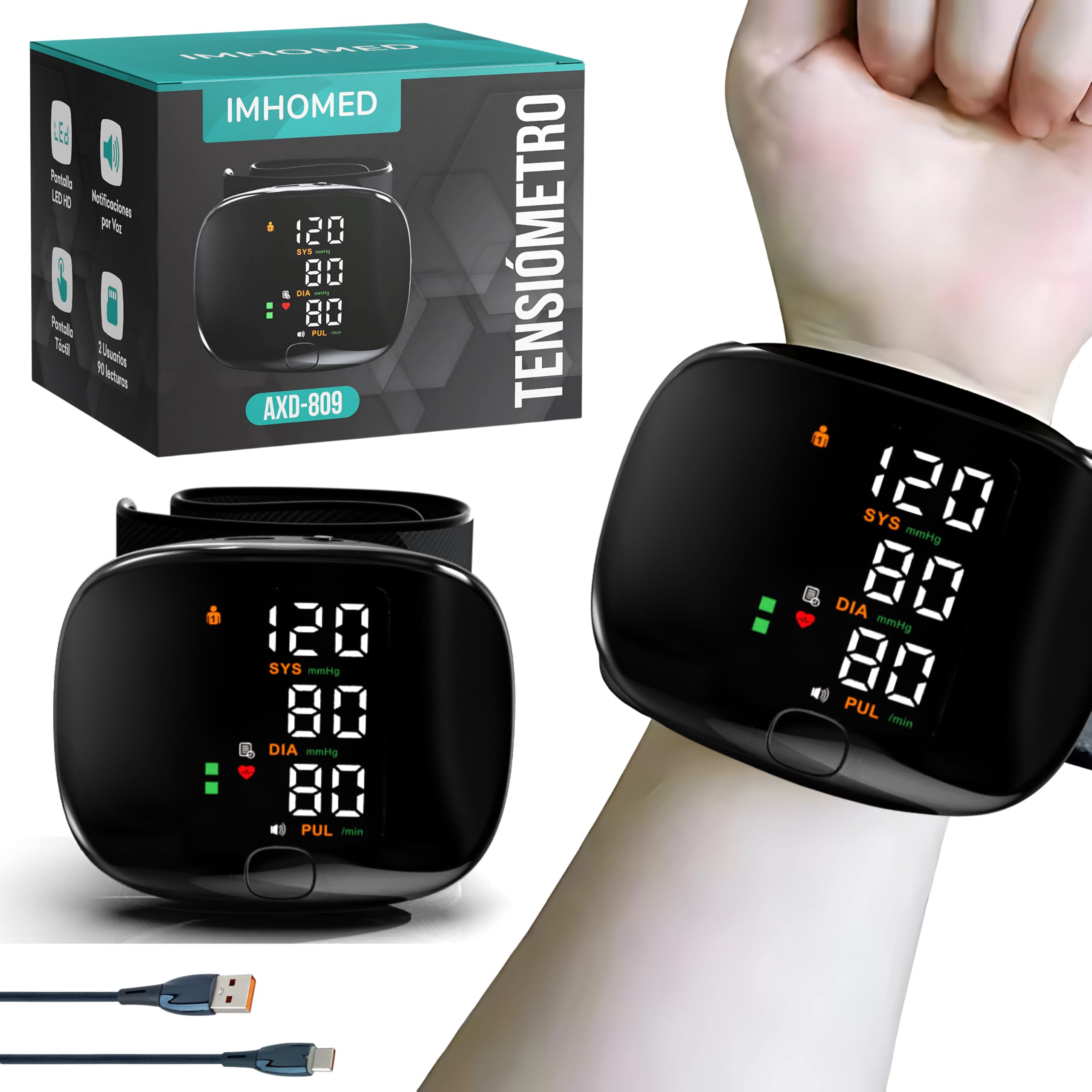 IMHOMED Tensiometro de Muñeca Profesional, Batería Recargable 500mAh-TypeC, Voz en Español, Pantalla Táctil, Manguito Universal, Certificado Sanitario 2025, Indicador de Riesgo, Memoria 2 Usuarios