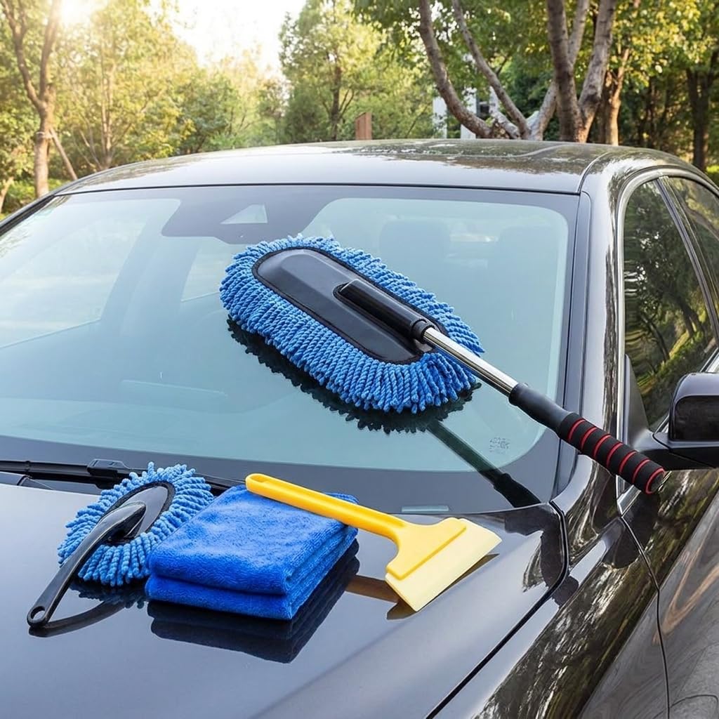 2er Set Waschbürste Auto Mikrofaser Chenille, Teleskop Reinigungsbürste 70-85 cm ausziehbar, kratzfreie Autobürste für Wohnmobil LKW, Winter kit: Blauer großer Pins
