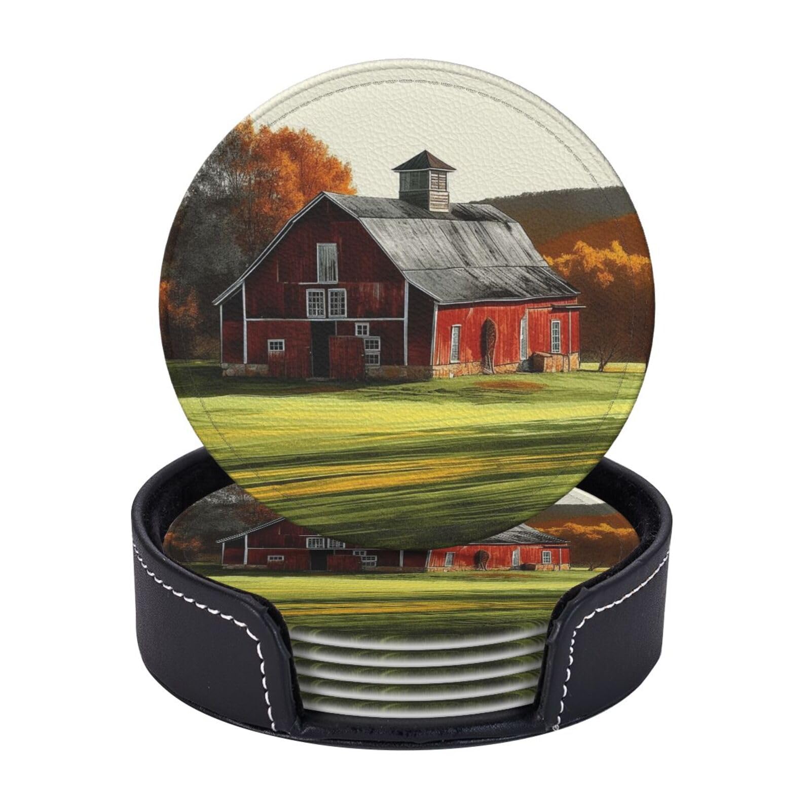 6Pcs PU Leather Coaster for Drinks, Barn Cup Coasters with Holder, Aesthetic Drink Coasters for Coffee Table, Round Coaster for Tabletop Protection 4" Cup Mat Pad