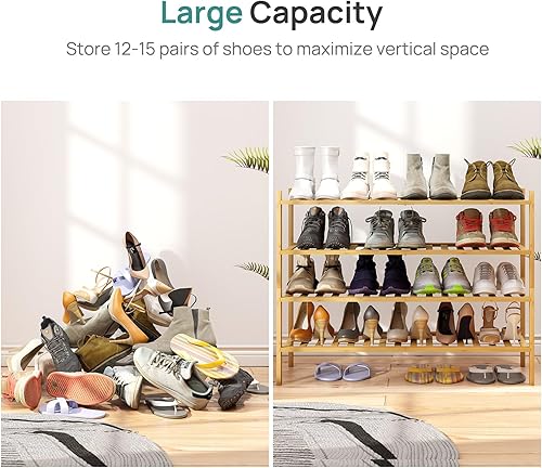 Vista 138 de Zapatero de bambú negro de 4 niveles para entrada, apilable, plegable, natural, organizador de zapatos para armario de pasillo, zapateros de pie