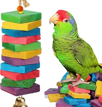 NOLITOY 100Pcs Wooden Parrot Chewing Toy Blocks with Hole Bird Bite Toy for Cockatiels Parakeets Macaws African Grey DIY Wood Chip Design for Pet Entertainment and Skill Development