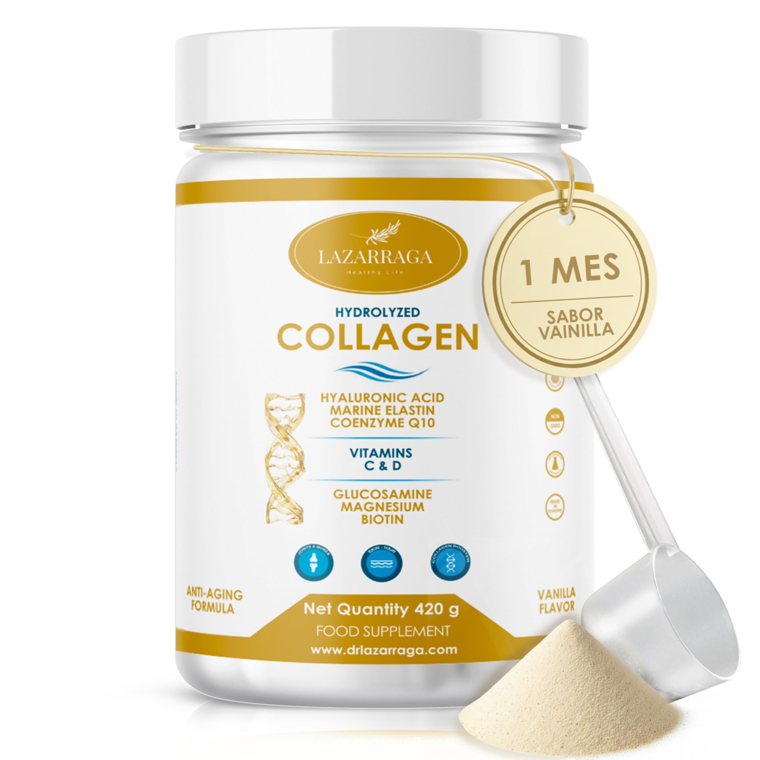 Collagene idrolizzato + peptidi di elastina marine + acido ialuronico + coenzima Q10 + glucosamina + biotina + vitamina C e D e magnesio, per articolazioni forti e cartilagine, pelle liscia ed energia