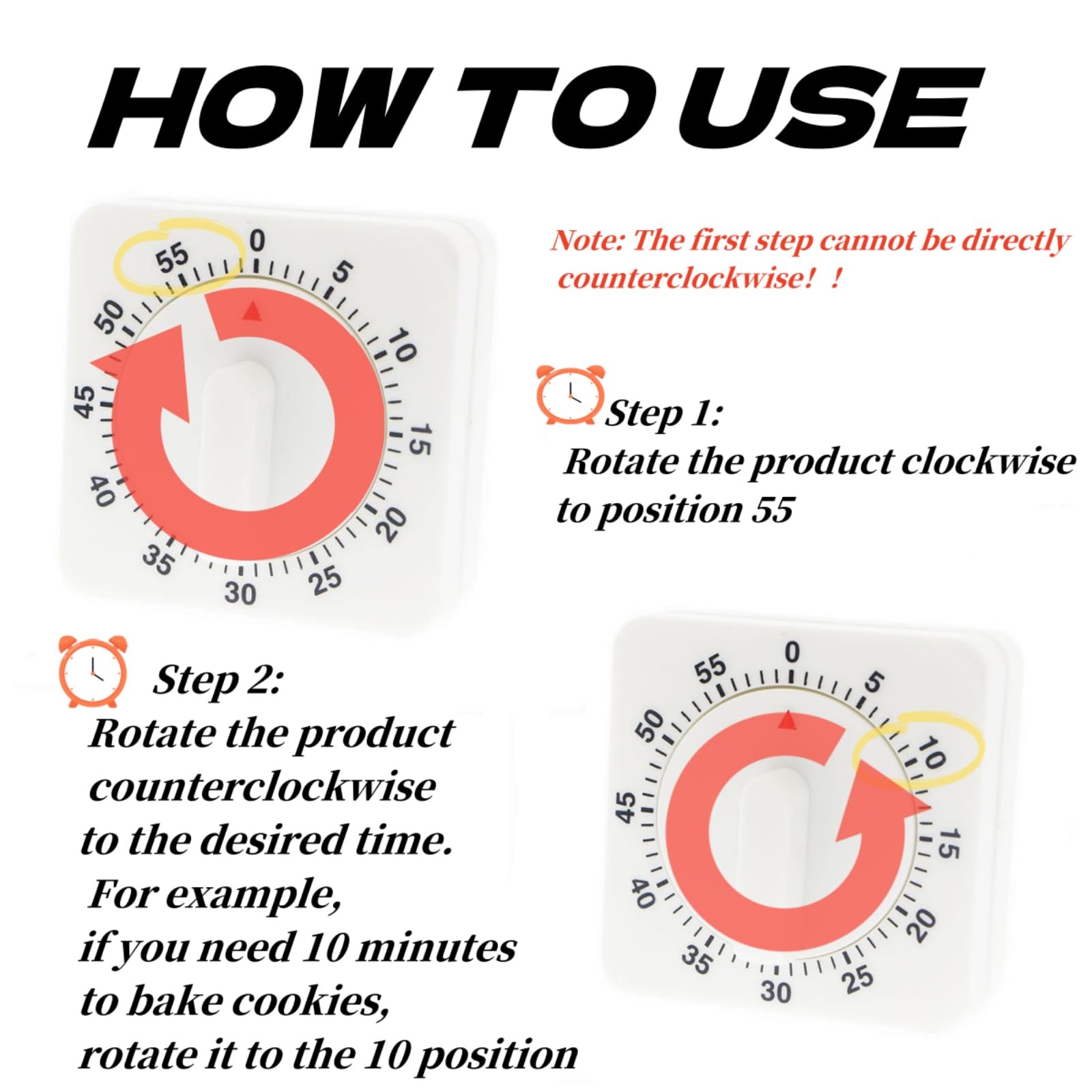 No Battery 60 Minute Mechanical Kitchen Timer With Loud Alarm and Visual Clock - Ideal for Cooking, Baking, Face Mask Time Management - Manual Wind Up Square Timer