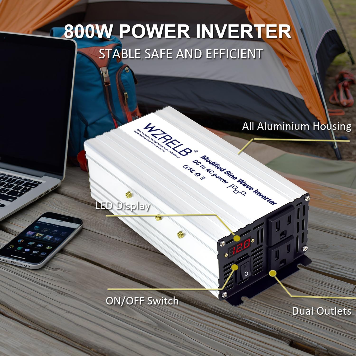WZRELB 800W Power Inverter 24V DC to 110V 120V AC,1600W Peak Modified Sine Wave Car Inverter with LED Display,Dual AC Outlets,Soft Starte,Off-Grid Power Converter with High Efficiency up to 90%