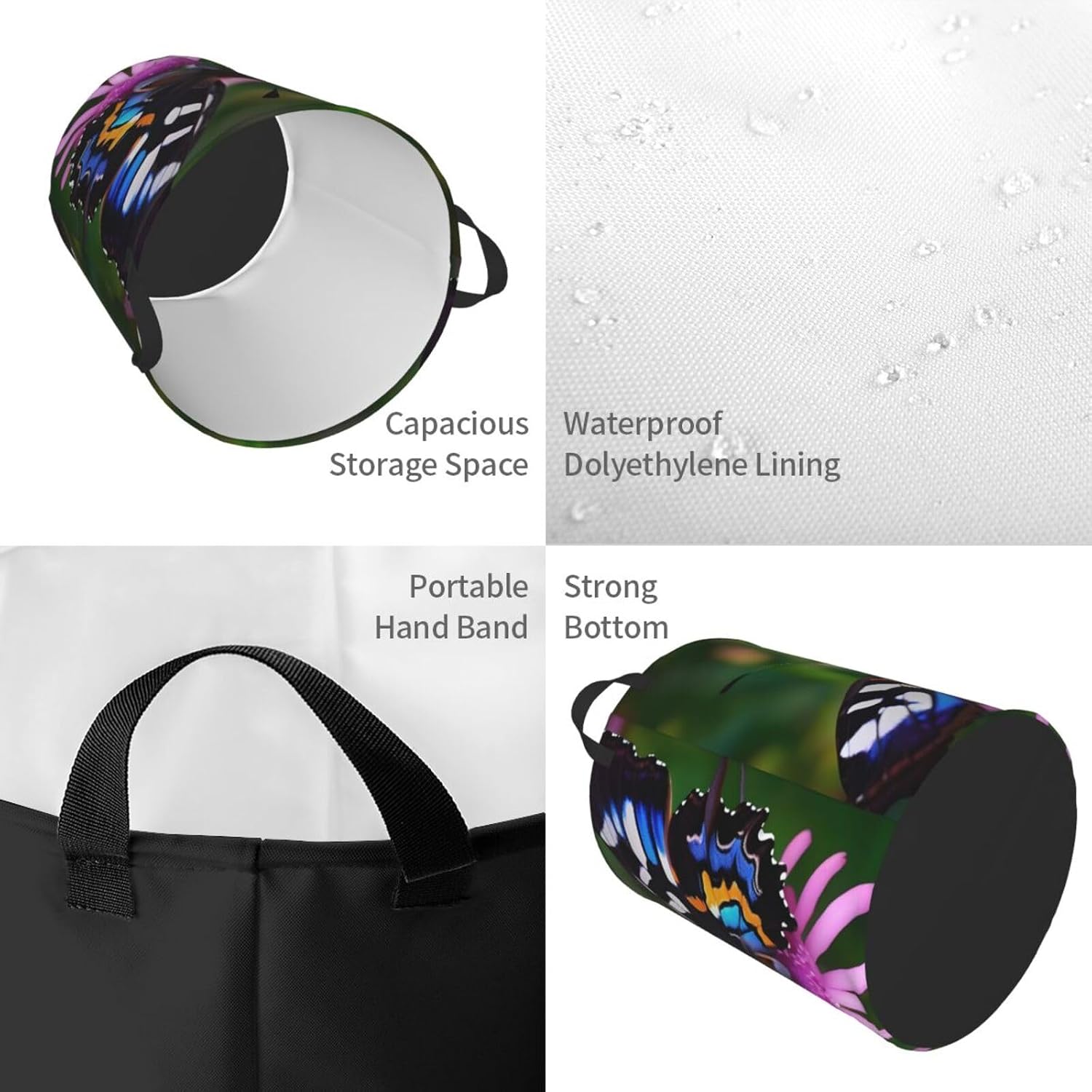 Colorful Butterfly Print Circular Protable Storage Bin,Basket For Laundry Hamper With Handles Bedroom Clothes