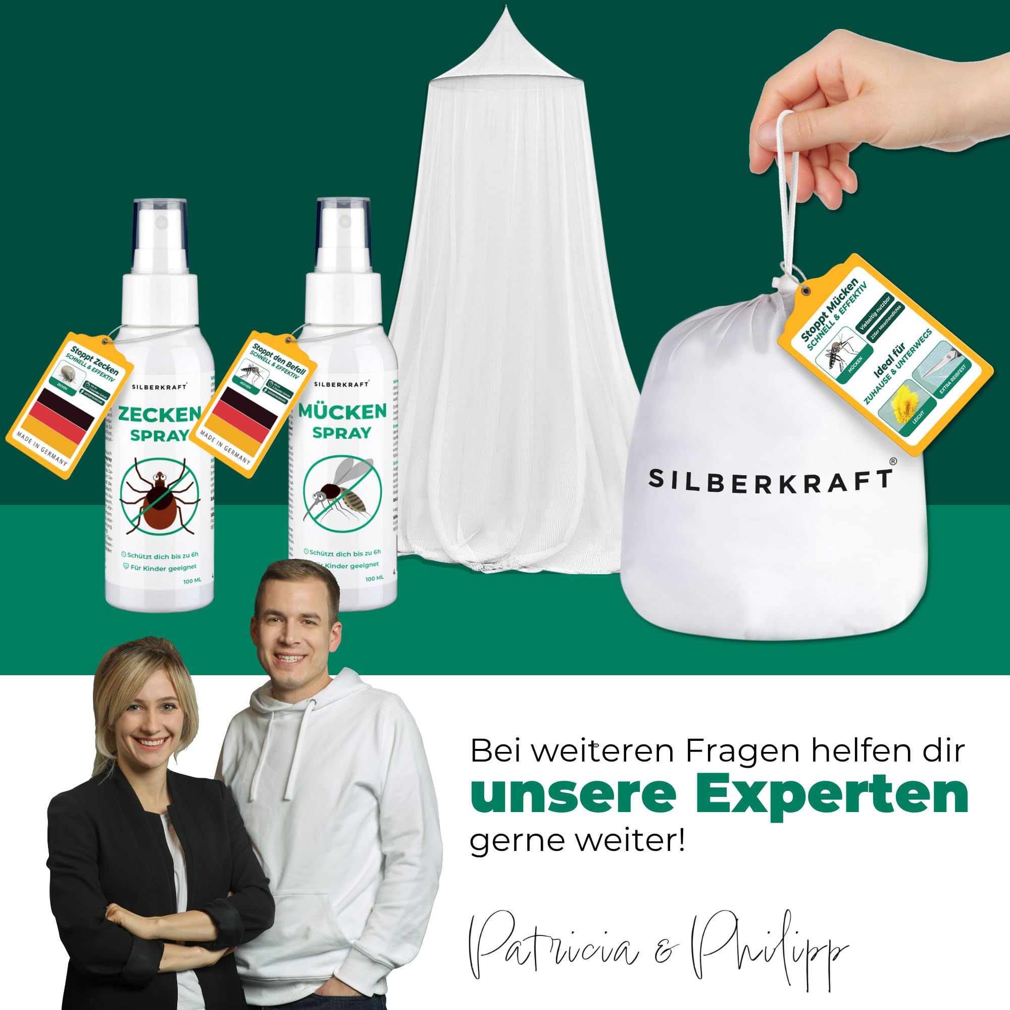 Silberkraft Moskitonetz XXL für Doppelbett - Mückennetz mit Reißverschluss-Öffnung, inklusive Klebehaken, geeignet für Reisen und zu Hause, feinmaschiges Netz, mit Beutel zur Aufbewahrung