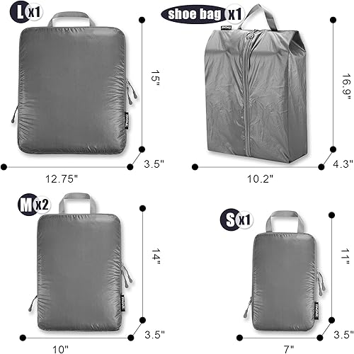 Miniatura 2 de BAGAIL Juego de 5 cubos de embalaje de compresión ultraligeros accesorios de viaje, organizadores de embalaje expandibles, Gris, Patrón de tela