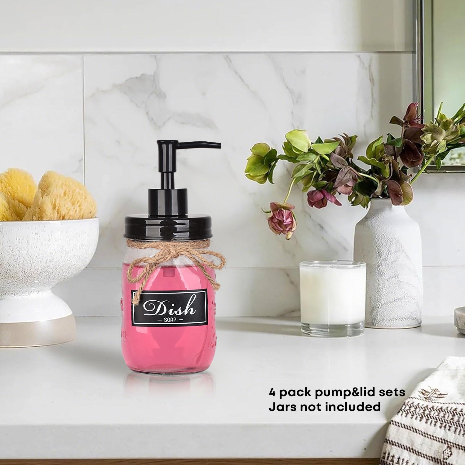 Regular Mouth Plastic Mason Jar Soap Dispenser Pumps and Lids- Rust-Proof Mason Jar Accessories Rustic Farmhouse Kitchen Counter Top Bathroom Decor and Organization - 4 Pack