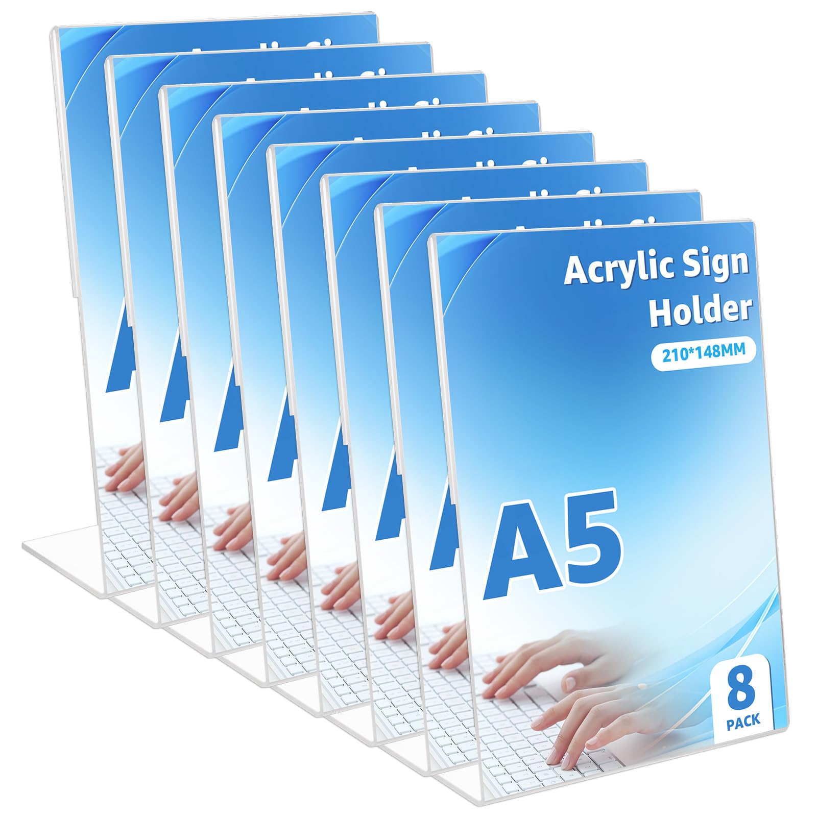 Porte Affiche A5 Vertical en Plexiglas, Lot de 8 Présentoirs de Table Transparents, Chevalet de Menu pour Restaurant et Bureau, Design en L Stable, 14.8 x 21 cm