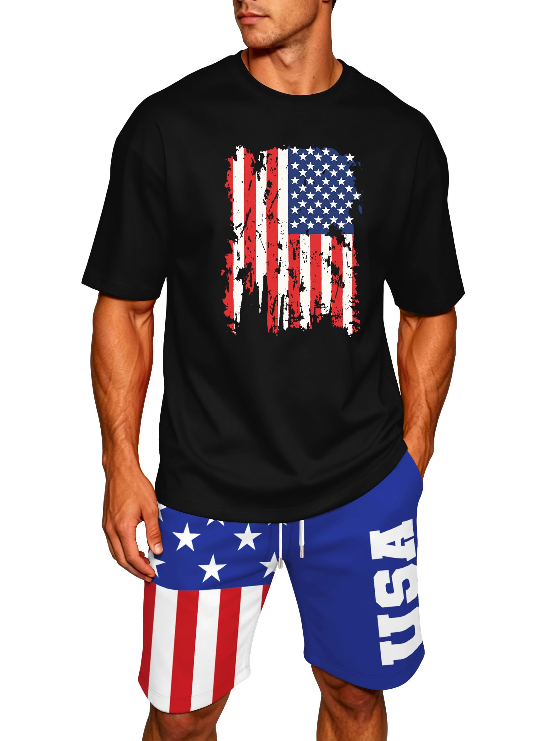 Ithalt Patriotic Shirts for Men 4th of July Outfit 2 Piece Set Short Sleeve and Shorts American Flag 250th Anniversary