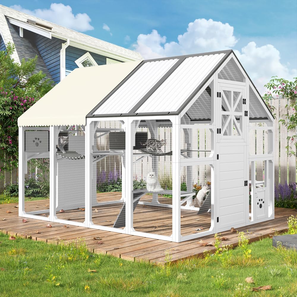 Extra Large Walk-in Catio Outdoor Cat Enclosure, Pine Wood and Wire Mesh, 8 Platforms, PVC Roof, Weatherproof Cover, 2 Resting Boxes, Grey (Grey + White)