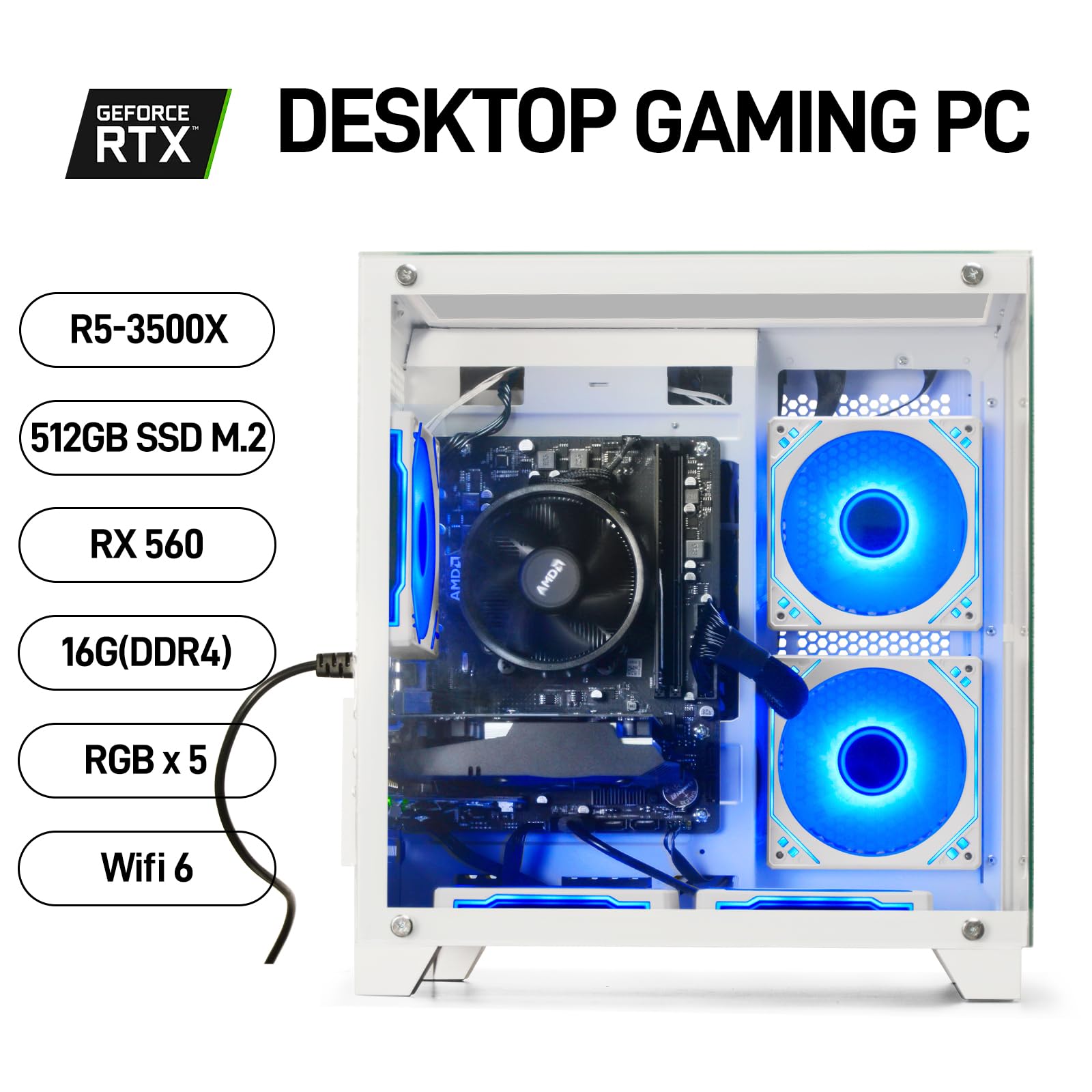Prebuilt Gaming PC Desktop | 16G DDR4 RAM | 512G SSD | Ryzen 5 6Cores 3.6G Up to 4.1G | RX 560 4G Graphics Card | Wi-Fi 6 |Tower Computer White