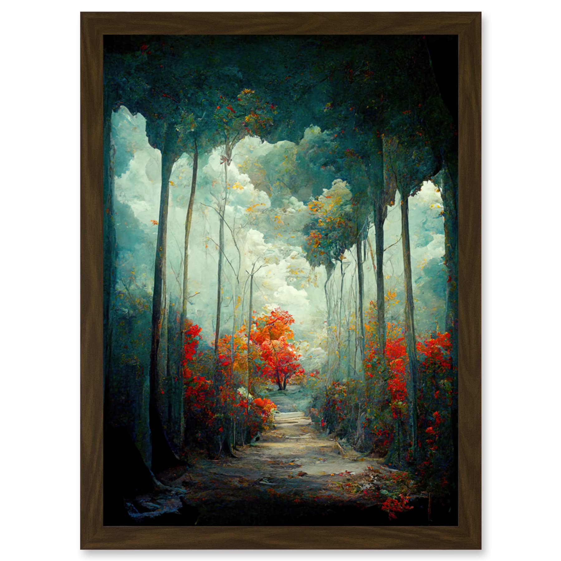 Doppelganger33 LTD Autumn Forest Path Landscape Scene Painting Artwork Framed Wall Art Print A4