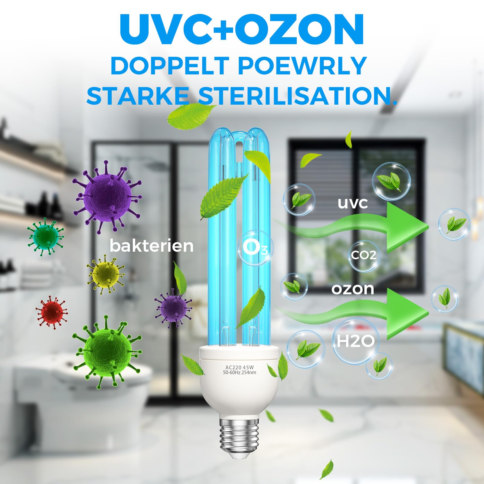 45W Ozon-Desinfektionslampe, E27 UV-Lampe, Keimtötende Lampe mit Ozon-Licht, mit Fernbedienung und Zeitschaltuhr, 45 Watt, UV mit Ozonproduktion