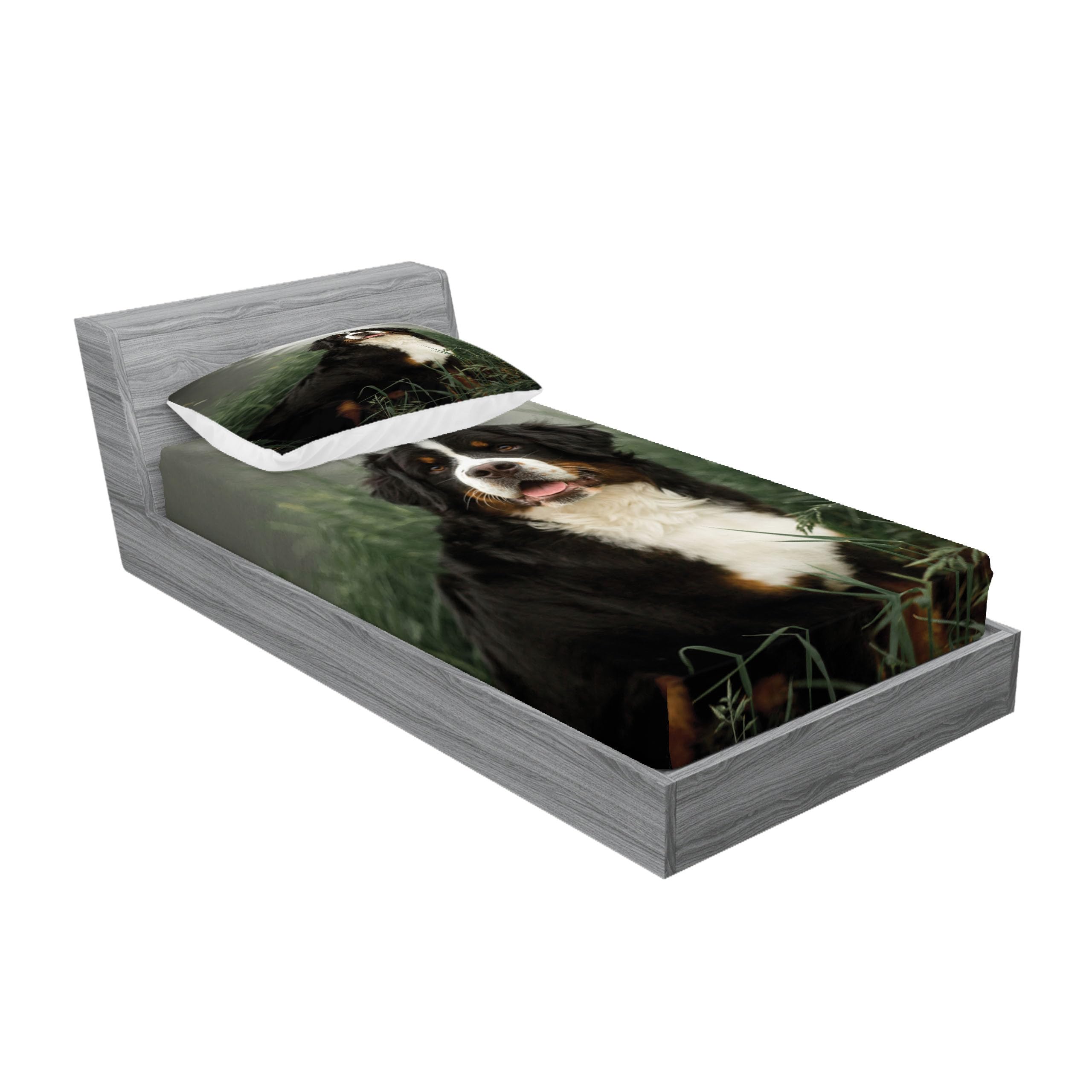 Ambesonne Pet Lover Fitted Sheet & Pillow Sham Set, Real Life Image of a Bernese Mountain Dog Sitting Purebred Animal in Forest, Decorative Printed 2 Piece Bedding Decor Set, Twin, Multicolor