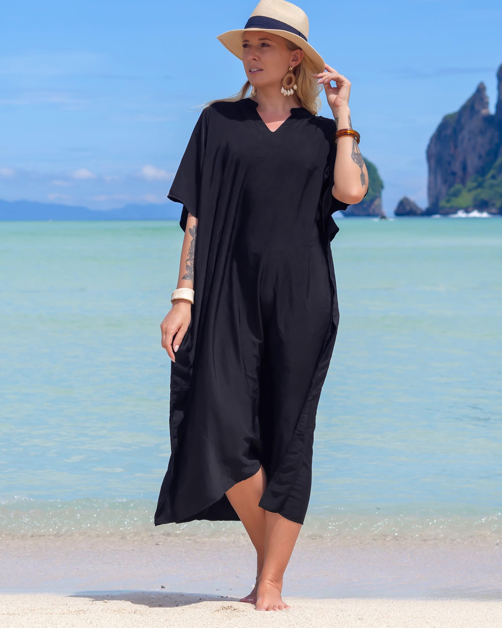 Bsubseach Maxi Vestido para Mujer con Estampado Turco Kaftan Beachwear Bikini Cover Up