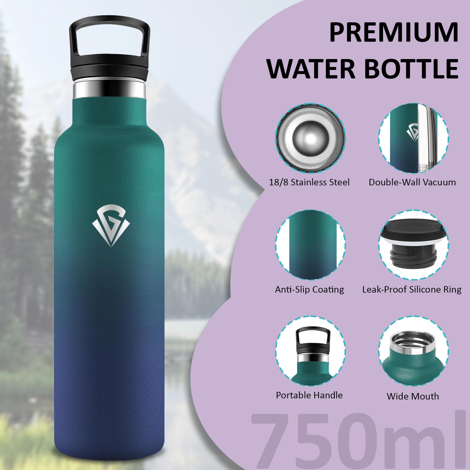 Borraccia Termica 750 ml, Senza BPA, Borraccia con Cannuccia, Bottiglia Termica Senza Perdite, Borracce Termiche, Acciaio Inossidabile 18/8, Borracia Metallo per Viaggio, Palestra, Fitness