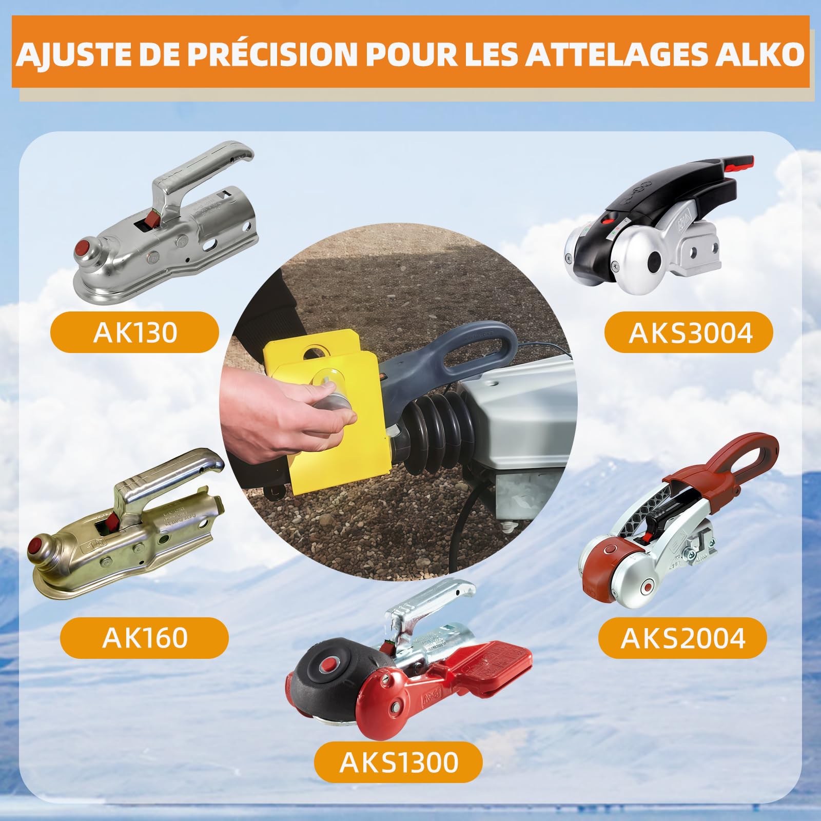 Verrous d'attelage de remorque pour modèles AL-KO AK130, AK160 et AKS1300/2004/3004 avec antivol et attelage stabilisateur, adaptés à la sécurité des caravanes, camping-cars et camping-cars.