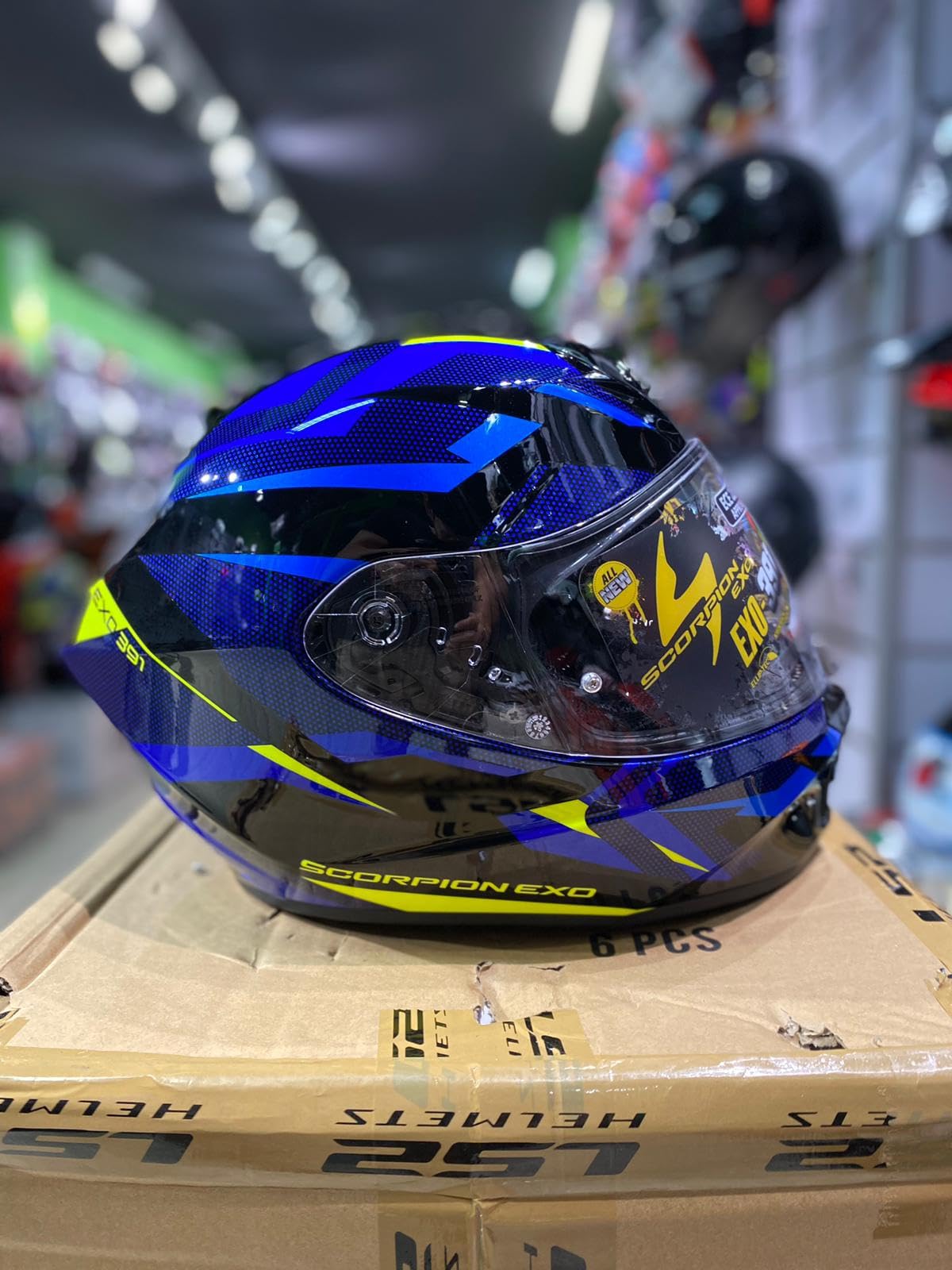 MC Scorpion Exo-391 aaxos Azul Amarillo | Casco de Moto Integral Unisex Hombre y Mujer Homologado ECE 22.06 (L)