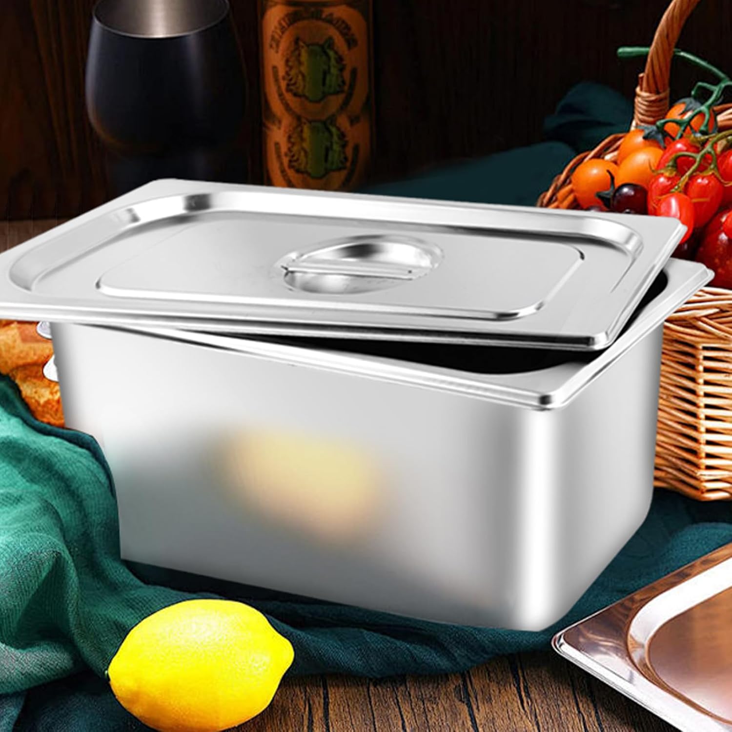 4 Pack Hotel Pans with lids, 1/3 Size x 6 Inch Deep Steam Table Pan, Reusable Anti Rust Catering Storage Food Pan, Stainless Steel Steam Table Pans for Home Party Hotel Restaurant Buffet