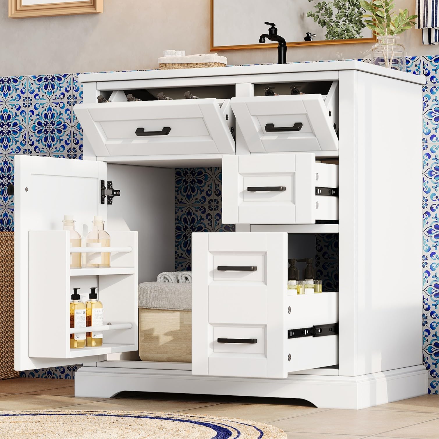 76 x 47 x 82 cm; mobiletto sottolavabo a pavimento; superficie verniciata; ante con funzione soft-close; estrazione laterale a due livelli; lavabo in ceramica integrato; mensola porta; bianco.